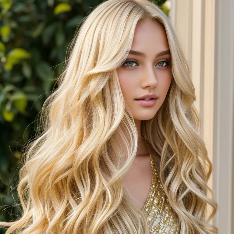 Blonde hair cascades down in soft waves, gleaming under the natural sunlight, expressing a radiant allure that captivates the senses. The high-definition strands reflect the light with a luminous sheen, revealing intricate gold highlights that dance along each strand. Its silky texture invites gentle touch, leaving a trail of silkiness in its wake, as if nature itself had woven a masterpiece of gold threads. The blondness adds a touch of playfulness and innocence, complementing her captivating features with a youthful charm that speaks volumes of her vibrant personality. Full body, prom makeup, diamond jewelry 