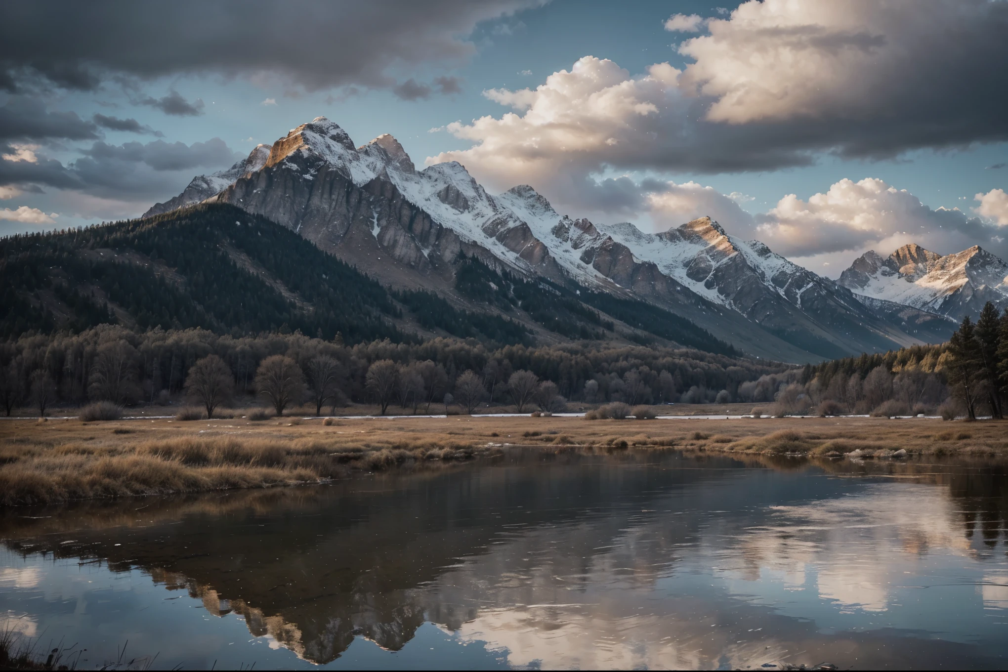 Raining, overcast, high mountain background, lots of clouds, winter with beautiful lake meadow wallpaper, high-detail realistic 8k full HD.