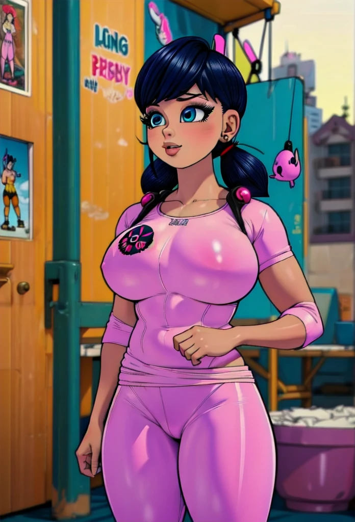 safe for work, Bimbo girl Marinette Dupain-Cheng Ladybug at the gym, (best quality,4k,8k,highres,masterpiece:1.2), ultra-detailed, cartoon, vibrant colors, HDR, lovely chubby bimbo girl ,venus body, curvy, dynamic pose, sparkling earrings, perfect makeup, glossy lipstick, captivating smile, bob-cut hair with a ponytail, gym environment, high-tech workout equipment, energetic atmosphere, fitness trainer providing guidance, motivational quotes on the walls, gym logo in the background, beautiful detailed eyes, breast enhancement, toned female, glamorous perfect female proportion,a solo cartoon of a woman in tight pants and a shirt, bimbo at the gym, thicc, oc commission, commission for high res, hands behind her body pose!, inked and colored, cel shaded!!!, cutesexyrobutts, full body portrait of a short!, fullbody commission for, thighs!!!!!!, lowres, thighs!!!, a close up of a woman with a blue top, short hair, anime visual of a woman, female anime character,