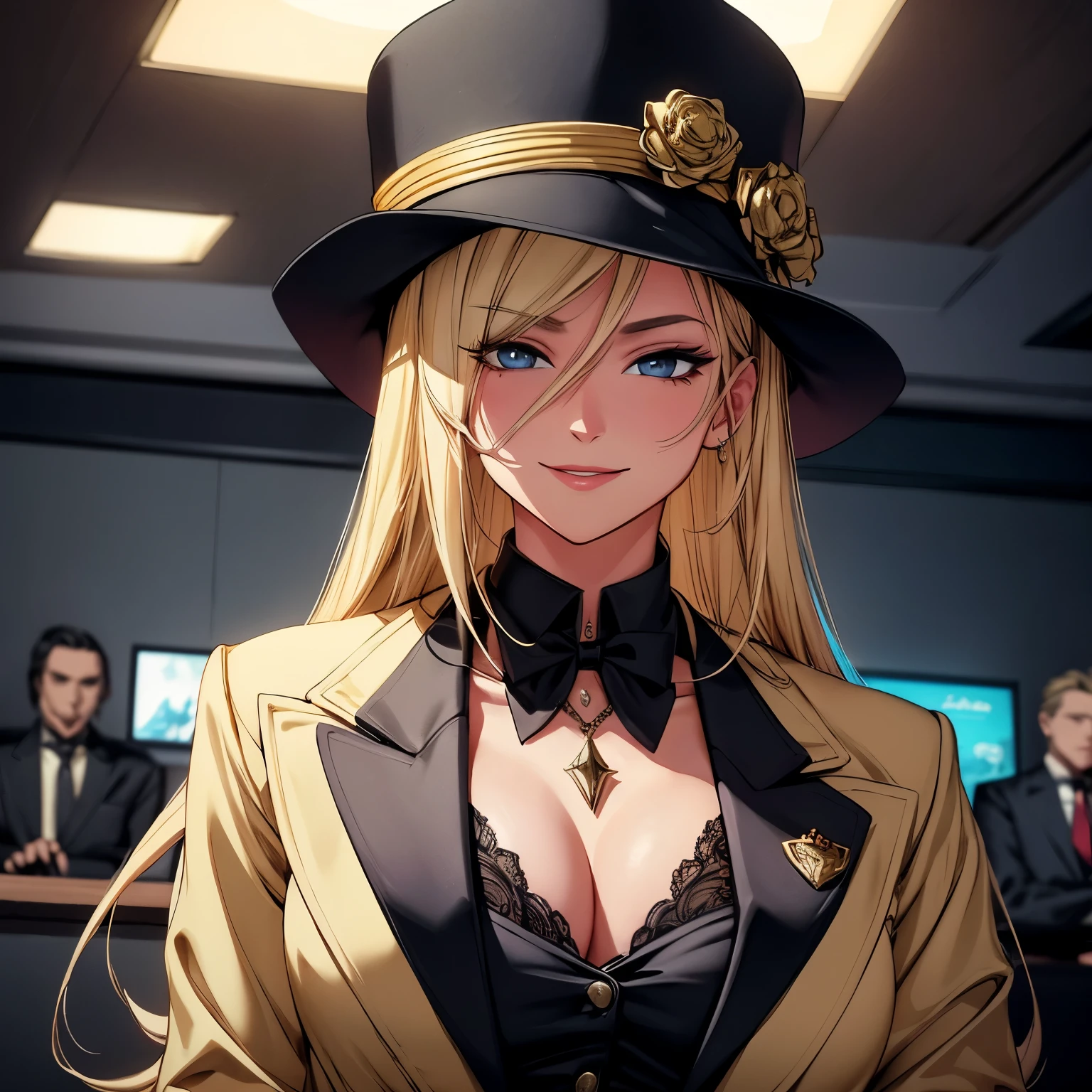 ZRPG Style Mafia Female Boss: A Masterpiece (1.2 Smiling Expression)
The short, blonde (1.2) woman portrays a Mafia Female Boss in an extraordinary 8K wallpaper. The highest quality, complex image showcases the Boss in a detailed cinematic light, with sharp focus accentuating her strong, confident aura. The wallpaper, with its rich, deep hues, exemplifies the perfect blend of realism and visual appeal, making it an ideal addition to any gaming set-up.
Cinema lighting brings out the intricate play of shadows and highlights, accentuating her sharp features and piercing