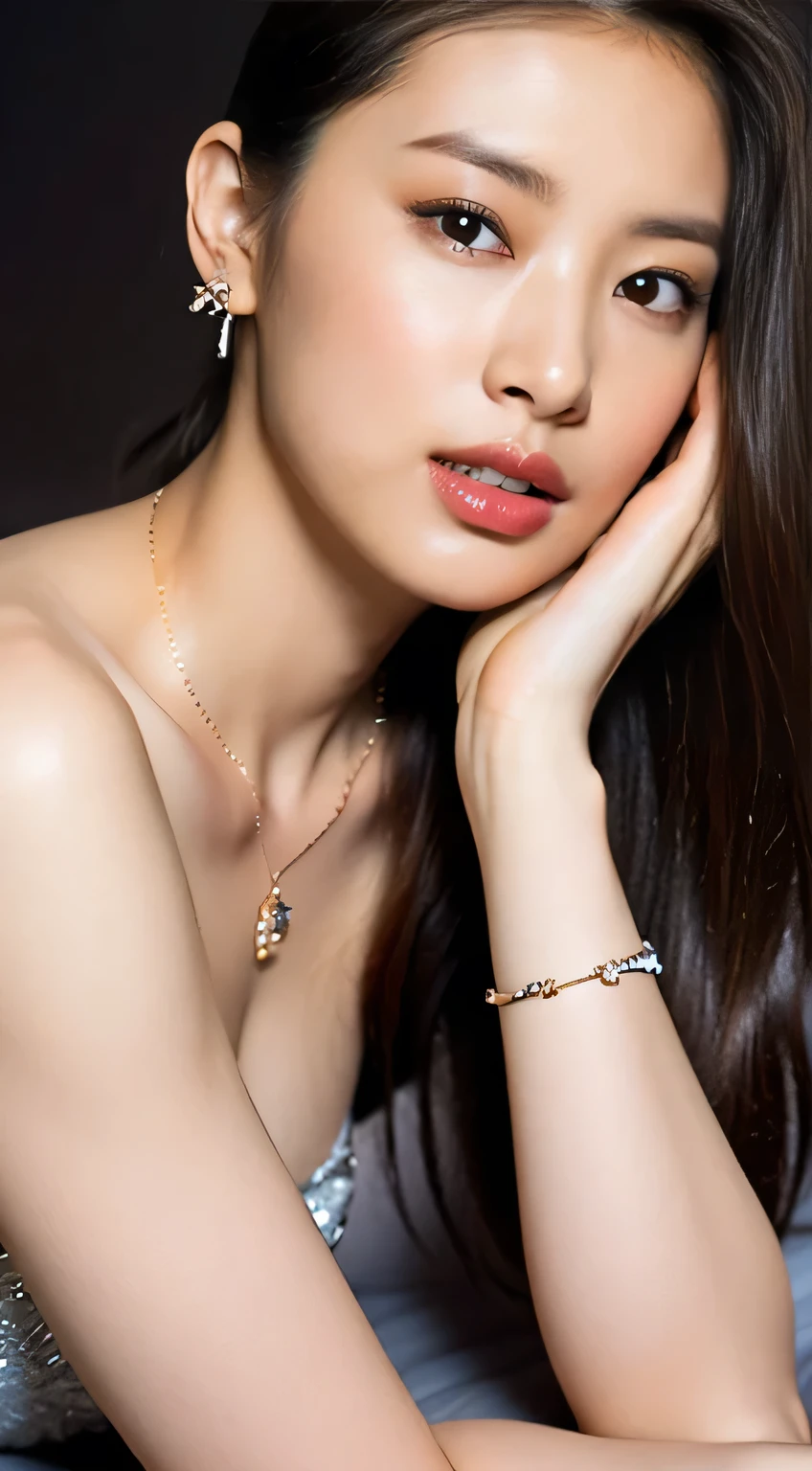 (highest quality, 4K, masterpiece :1.3), Sharp focus, Shallow depth of field, Bright colors, Professional level,
(Wet, Wet body :1.2),
((Your breasts are beautiful, Are you without a bra??:1.2)),
((You can come closer and kiss me?,You can touch my breasts?:1.2)),
((You're a good kisser, I want to kiss you more, May I hold you??:1.2)),
((Sexy atmosphere, hold out your lips, Disheveled Hair, A sigh escapes)),
((Luxury Love Hotel, Get in bed together and make love, Complete darkness, lamp, Underwear strings come undone, Start taking off your clothes:1.4)),
20-year-old, Beautiful Faces of Japan,
Flexible body :1.3, Model Body Type:1.5, Perfect Style:1.4,
Narrow shoulders, Beautiful clavicle, Long, slender legs, The beauty of slim abs :1.2, Narrow waist :1.2,
Highly detailed skin, Fair skin, Shiny skin,
Highly detailed face, Slim face contour, Beautiful small face, Beautiful nose,
Highly detailed eyes, Long, narrow eyes, Brown eyes, double eyelid, Beautiful thin eyebrows, fine long eyelashes,
Highly detailed lips, Fuller lips, Glossy pink lips, Blushed, Beautiful Teeth,
Beautiful actress'Fatigue Make-up, Pink lipstick, (necklace, Earrings),
Dark brown hair, Delicate and soft hair,
(Put your hair up, Medium Long Hair, ponytail:1.2), Layered Cut, (Blunt bangs:1.2),
(Dress in trendy fashion:1.2),
A kind smile, Mouth half open, A dreamy look, Looking into the camera,
(stylish looking Earrings,necklace,bracelet,gyuru,shiny nail art:1.2),
(((Photorealism,Shooting the whole body from the thighs))), ((Body leans forward)),
Dynamic Lighting,
((She's coming out of her knitted sweater:1.4)),
Beautiful areola on the breast:1.2,
I'Put your hand in your crotch:1.2,
(Perfect breast shape, Flat Chest:1.2),
(She has a cute plump ass, I's thighs are dazzling),