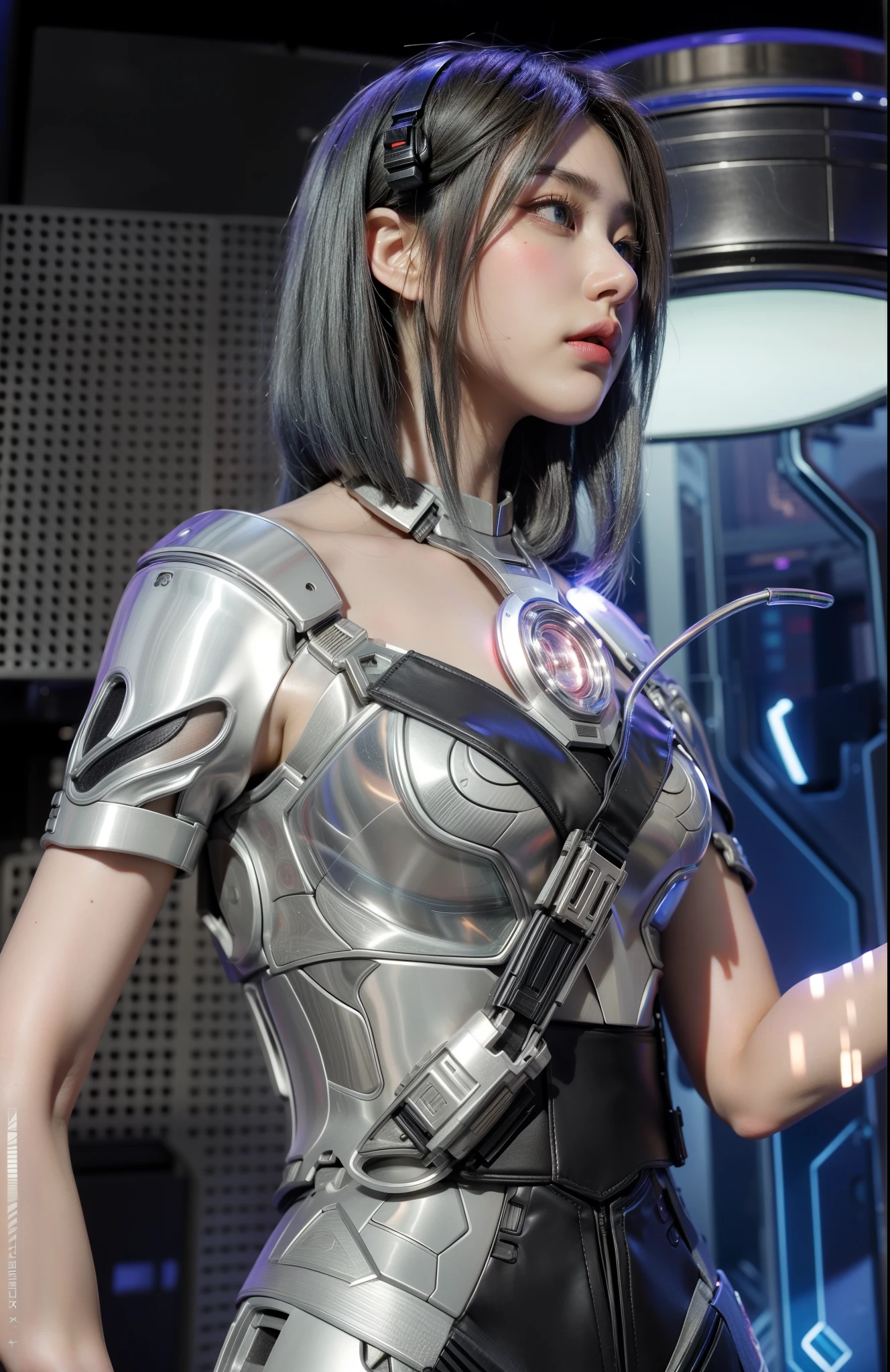 Futuristic high-tech style,best quality,Fairy Skin,(every time :1.2),eternity,Super detailed,actual,high quality,Light,Light线追踪,Ultra HD,Upper Body, Future Iron Man Mech,shooting,Battery,transmitter,Large caliber artillery,Rostlan 8K,Mecha Electronic Armor Girl,Wearing a cyberpunk technology helmet,战甲helmet,With breathing Light,The armor of the future shines,Armed Cannon,High-tech armor,helmet,breasts symmetrical,3D game modeling,Steel armor,steel arm,Mechanical gloves,Five fingers extended,Cyberpunk clear glass glasses(眼镜上有发Light显示器)