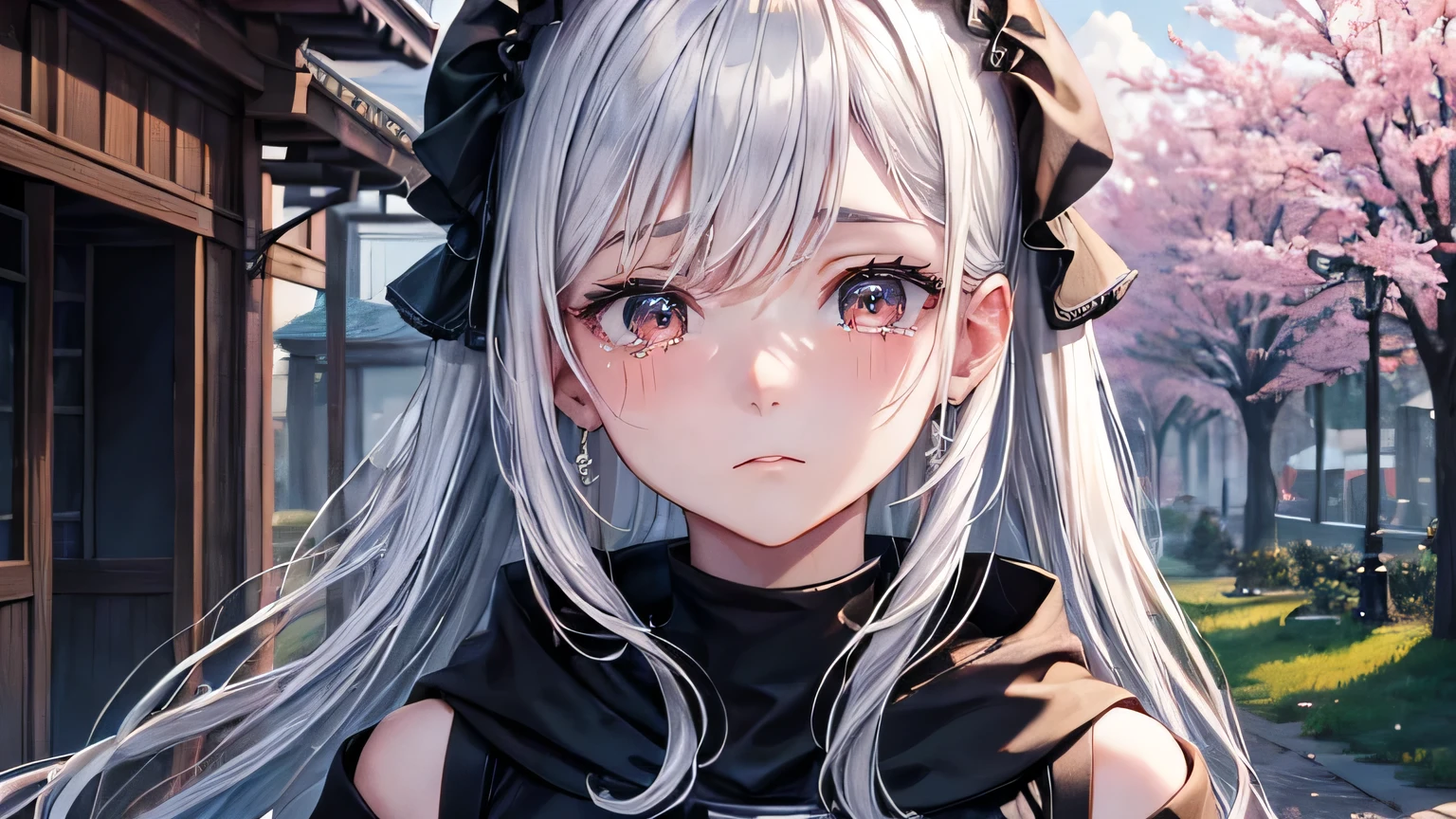 (oil, masterpiece, highest quality, Super detailed, Focus on the characters), woman,Black hoodie,Sad expression,Crying face,Watery eye,Silver long hair,Spring Tree Leakage Sun,Detailed hair depiction,Detailed depiction down to the tips of the hair,([return:0.8]|[ face facing returnwards:1.1]), ,([Cherry Tree Scenario:1.2]|[ ground:1.3]| [High Contrast:1.1])  