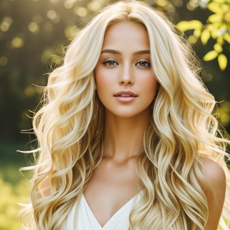 Blonde hair cascades down in soft waves, gleaming under the natural sunlight, expressing a radiant allure that captivates the senses. The high-definition strands reflect the light with a luminous sheen, revealing intricate gold highlights that dance along each strand. Its silky texture invites gentle touch, leaving a trail of silkiness in its wake, as if nature itself had woven a masterpiece of gold threads. The blondness adds a touch of playfulness and innocence, complementing her captivating features with a youthful charm that speaks volumes of her vibrant personality. Full body,