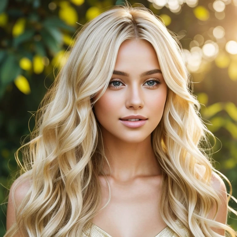 Blonde hair cascades down in soft waves, gleaming under the natural sunlight, expressing a radiant allure that captivates the senses. The high-definition strands reflect the light with a luminous sheen, revealing intricate gold highlights that dance along each strand. Its silky texture invites gentle touch, leaving a trail of silkiness in its wake, as if nature itself had woven a masterpiece of gold threads. The blondness adds a touch of playfulness and innocence, complementing her captivating features with a youthful charm that speaks volumes of her vibrant personality. Full body,