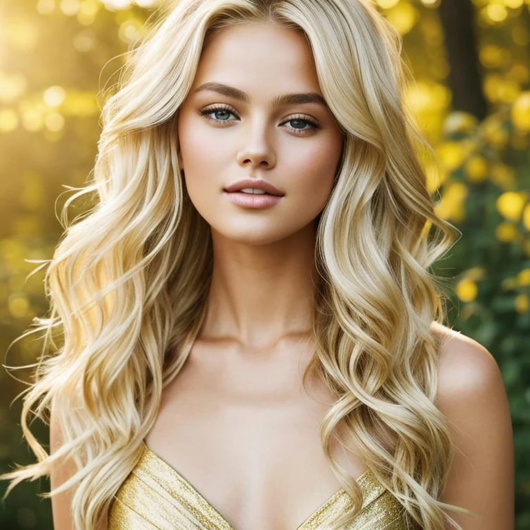Blonde hair cascades down in soft waves, gleaming under the natural sunlight, expressing a radiant allure that captivates the senses. The high-definition strands reflect the light with a luminous sheen, revealing intricate gold highlights that dance along each strand. Its silky texture invites gentle touch, leaving a trail of silkiness in its wake, as if nature itself had woven a masterpiece of gold threads. The blondness adds a touch of playfulness and innocence, complementing her captivating features with a youthful charm that speaks volumes of her vibrant personality. Full body,