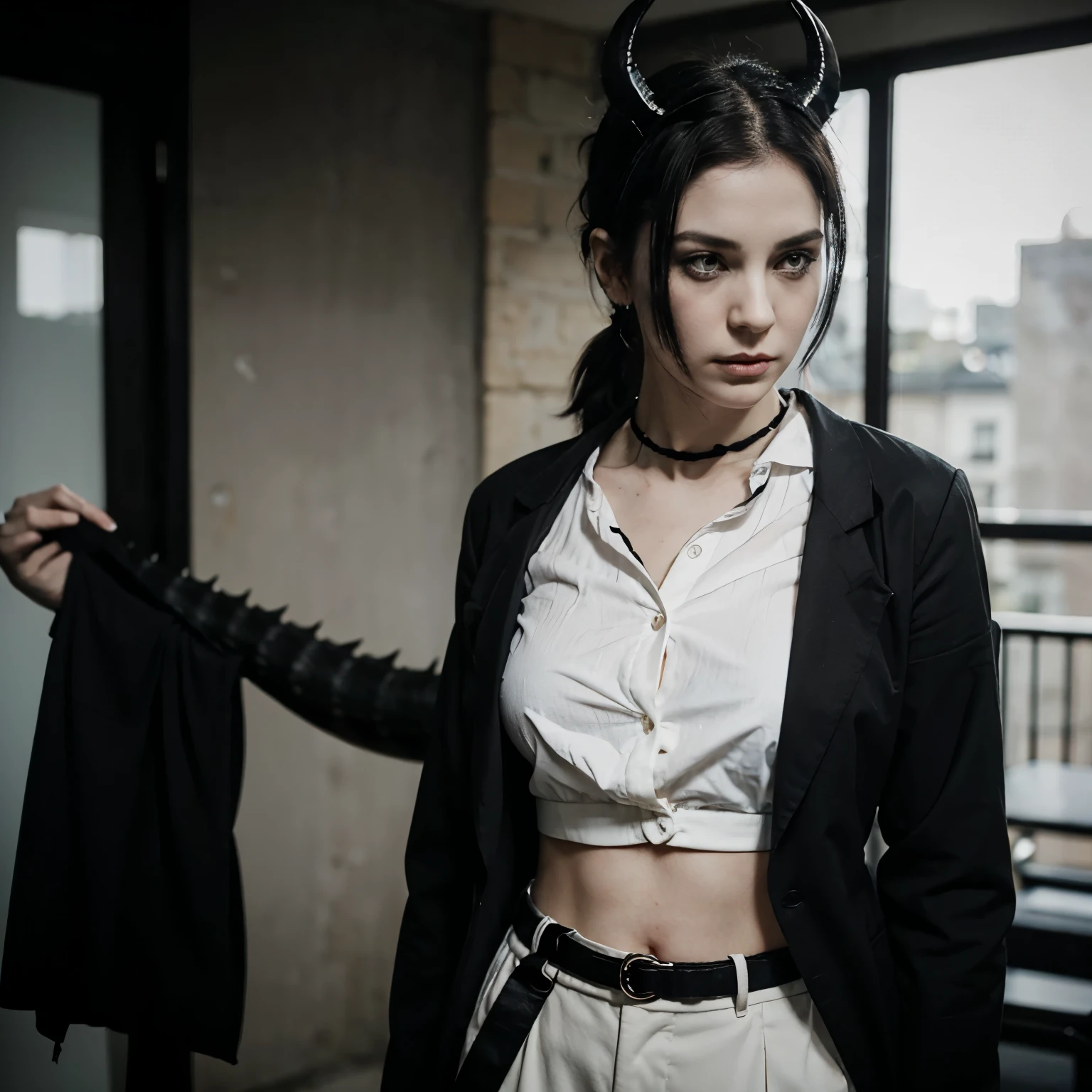She had pale skin, and black hush cut hair tied up in a ponytail, and she had black horns, she wore a white shirt and black trousers and she had a long dragon tail