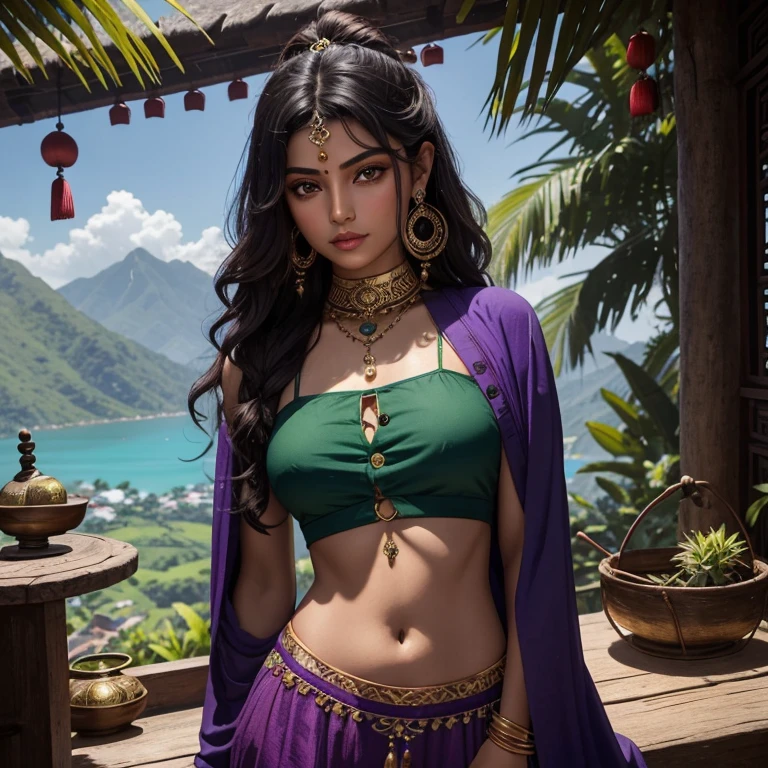 A South Asian gypsy girl with dark brown skin, one green Asian monolid eye and one blue Asian monolid eyes, a kind round face, full lips, long curly black hair, a small button nose, wearing a dark purple crop top, purple harem pants, gold jewellery in a tropical Chinese village with tall mountains and an ocean