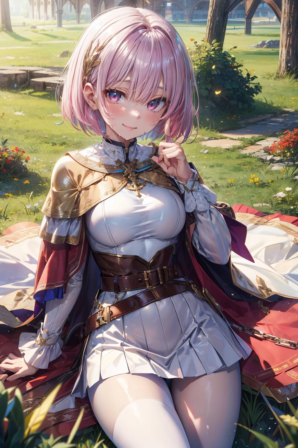 Long sleeve, Capelet, white Capelet, dress, white dress, belt, Pantyhose sweating, white Skirt, 4 defined fingers, 1 defined thumb, looking at viewer, solo, 1 woman, 25 years old, AI generated, highest quality, masterpiece, skindentation, perfect face, 8k , short hair, break, ((pink hair1.5)), break, bob cut, black eye, smile, thin thighs, medium breasts, perfect limbs, sexy, ((bright)), ((chrome costume)), ((metallic costume)), ((Medieval Grasslands)),