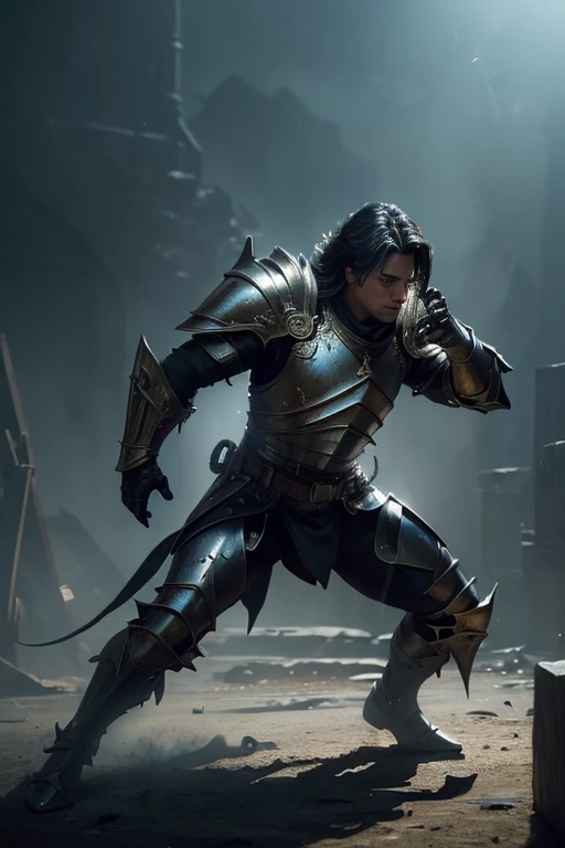 (master piece:1.5), (best quality:1.5), (exquisite lighting and shadow, highly dramatic picture, cinematic lens effect) (Photorealistic picture) highly detailed, realistic, cinematic lighting, studio quality, 8k, wallpaper, dynamic pose, anatomy correct, epic fantasy digital art, Epic composition, full body spectrum knight, black armor