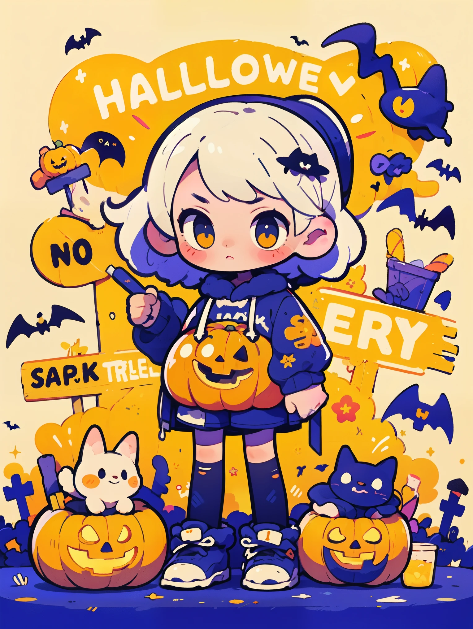 1girl,sign,English text, Halloween, candy, pumpkin lantern