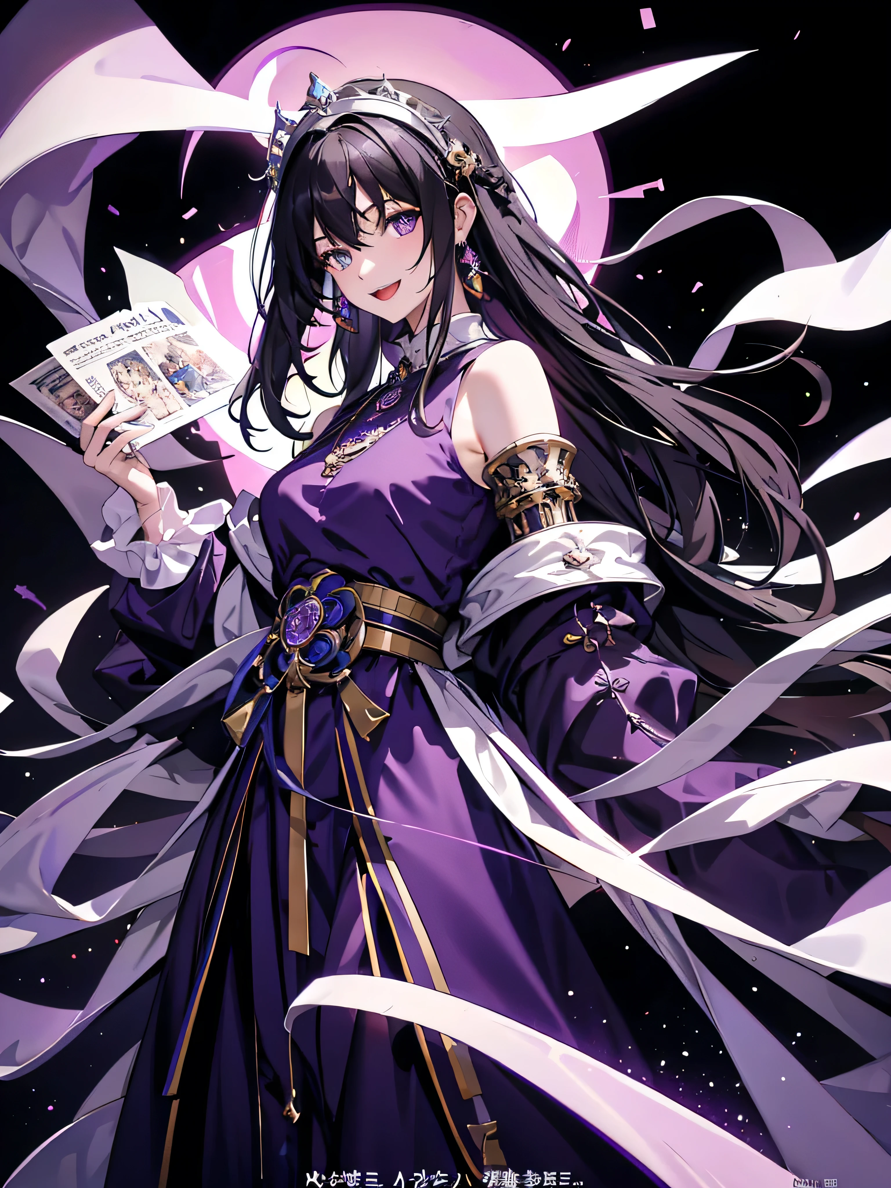 magazine cover style, movie light, 8k, Masterpiece, 1 woman, dark purple hair, long hair, light purple eyes (black monk clothing:1.2), top hat, holding a magic wand, stand, open mouth, smile, hand signals, from the side, look at the audience, Medieval banquet in the background, magazine cover, upper body, anime girl