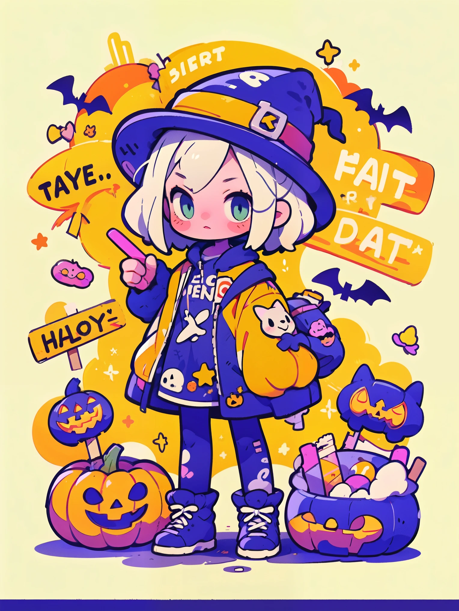 1girl,sign,English text, Halloween, candy, pumpkin lantern