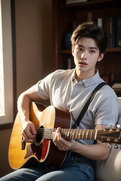Photographing a young man in his 20s, perfect face,playing acoustic guitar