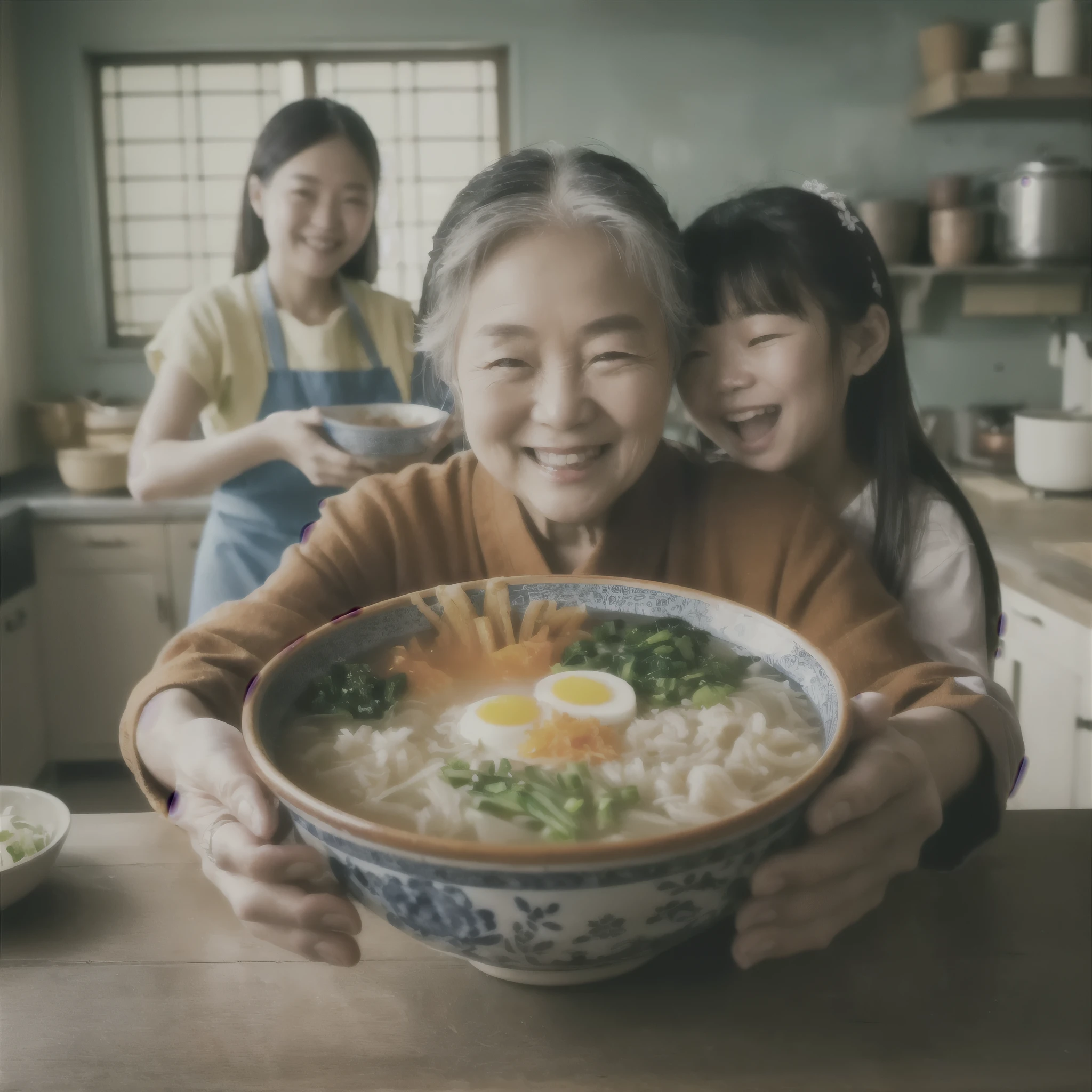 This photo captures a warm and welcoming moment for a Vietnamese family in a bright and colorful kitchen. an older woman with neatly tied white hair is smiling brightly while holding a large bowl of porridge. The porridge is beautifully decorated with ingredients such as boiled eggs cut in half, chopped green onions, green vegetables and a little minced meat. Next to her was a small , about 2-3 years old, also smiling brightly and looking very excited about the bowl of porridge. Behind the old woman is another woman, possibly her daughter, wearing a blue shirt, yellow apron, holding another bowl of porridge, smiling and looking forward. All three people in the photo seemed very happy and enjoying the moment together. The background of the photo is a bright kitchen with natural light coming in from the window on the left. On the table are placed a few small plates containing ingredients such as green onions and green vegetables. The space and arrangement create a very cozy and intimate atmosphere., poster, photo, portrait photo, wide, healthy portrait, realistic photo of delicious pho, shutter, advanced photo , 4k food advertisement, close up photo, high quality food photography, bowl full of food, photo taken with Nikon d 7 5 0, photo taken with Nikon D750