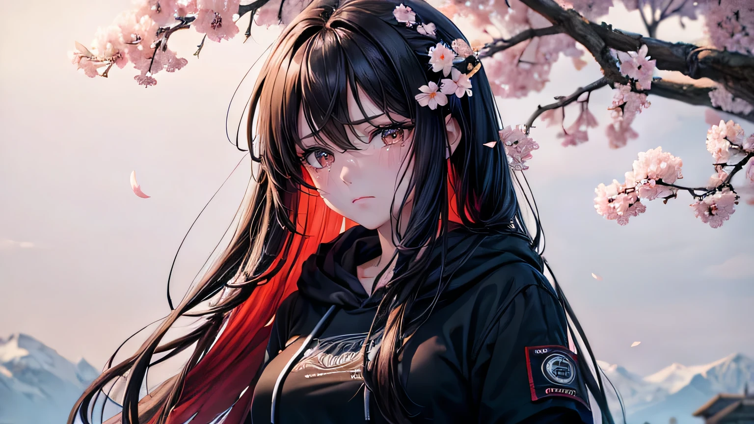(oil, masterpiece, highest quality, Super detailed, Focus on the characters), woman,Black hoodie,Sad expression,Crying face,Watery eye,Red and black long hair,Spring Tree Leakage Sun,Detailed hair depiction,Detailed depiction down to the tips of the hair,([return:0.8]|[ face facing returnwards:1.1]), ,([Cherry Tree Scenario:1.2]|[ ground:1.3]| [High Contrast:1.1])  
