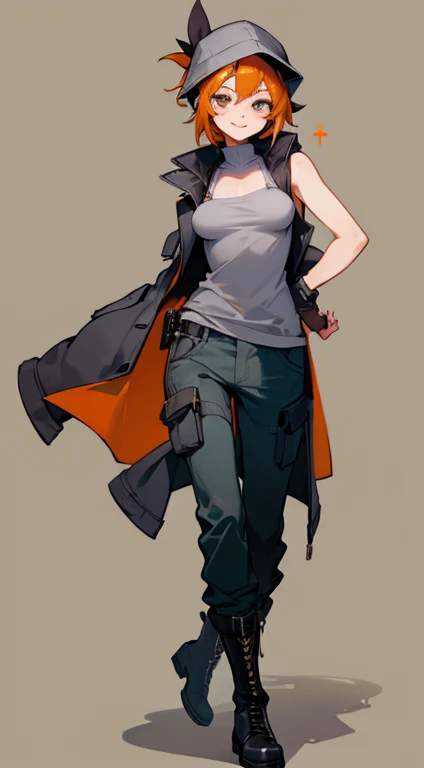 ((highest quality)), ((masterpiece)), (Familiar),,Female Clementine,overload,{{Browsing Caution}},Sleeveless hoodie,Grey Shirt,cargo pants,Captivating smile,whole body,boots,Long coat,Erect nipples