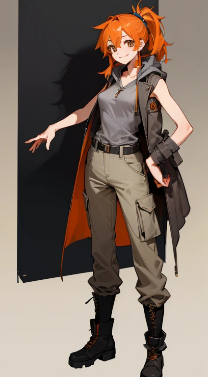 ((highest quality)), ((masterpiece)), (Familiar),,Female Clementine,overload,{{Browsing Caution}},Sleeveless hoodie,Grey Shirt,cargo pants,Captivating smile,whole body,boots,Long coat,Erect nipples
