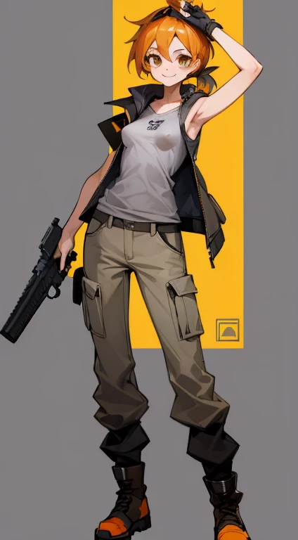 ((highest quality)), ((masterpiece)), (Familiar),,Female Clementine,overload,{{Browsing Caution}},Sleeveless hoodie,Grey Shirt,cargo pants,Captivating smile,whole body,boots,Long coat,Erect nipples