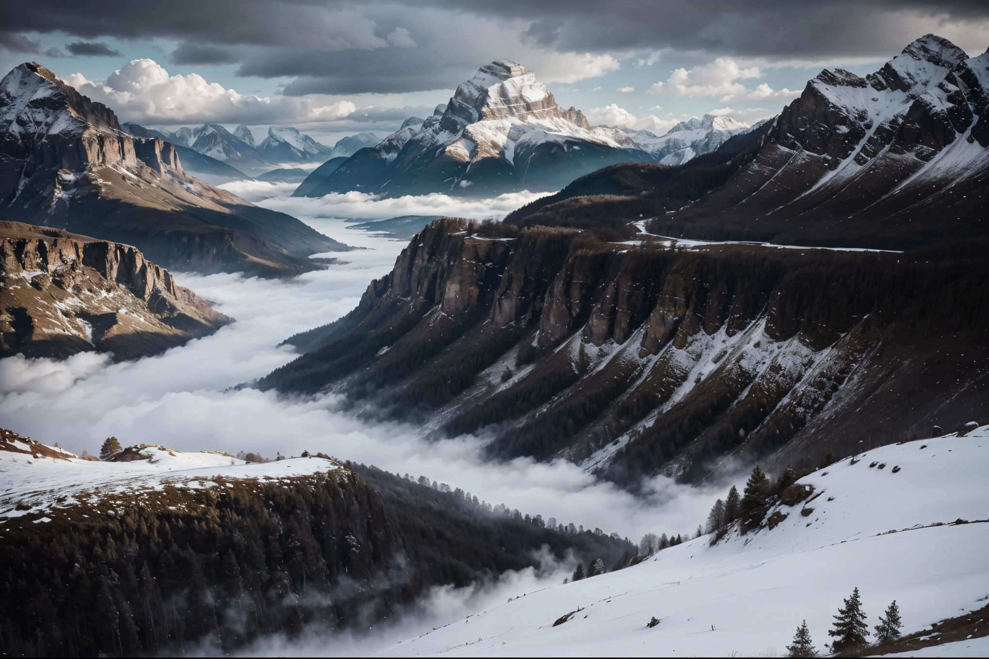 Rainy, cloudy sky, very high mountains background, high cliffs look eerie, lots of clouds, winter with beautiful lake meadow wallpaper, high details, realistic 8k full HD.