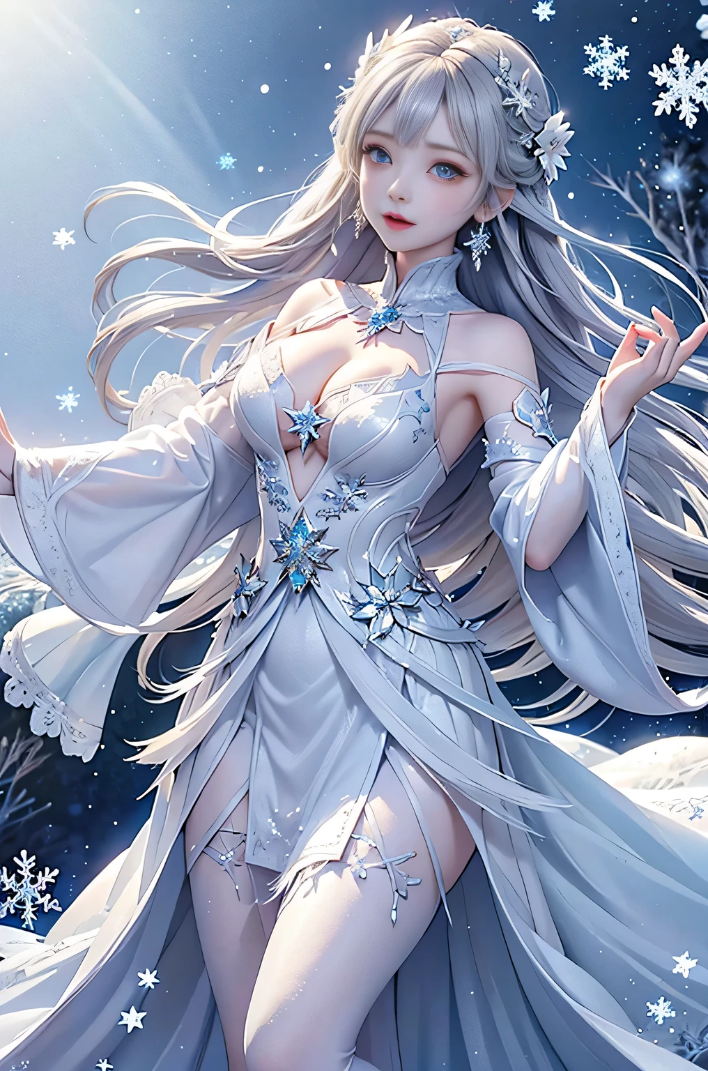 wood, Exquisite mini ice spikes and crystals, Frozen waterfall in the background, Light reflected by ice crystals, Flowing snowflakes.Beautiful woman、Gray Hair、pretty girl,2.5D illustration,Beautiful cleavage、Graceful dancing woman