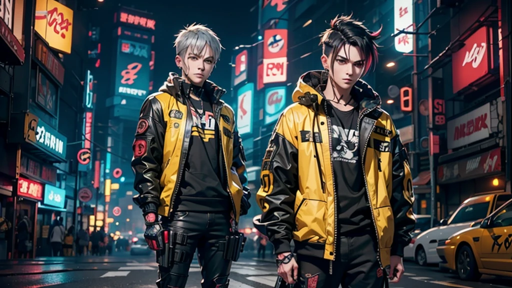 Create an anime-style cyberpunk image of a guy wearing yellow cyberpunk attire with red and gray accents. , his hair is black . he is standing on a deserted street with neon signs featuring Japanese characters. The image should be detailed with maximum focus, in 8K UHD resolution, Overwatch-style, game-style, with a detailed and flawless face, perfect lighting, and maximum attention to detail.