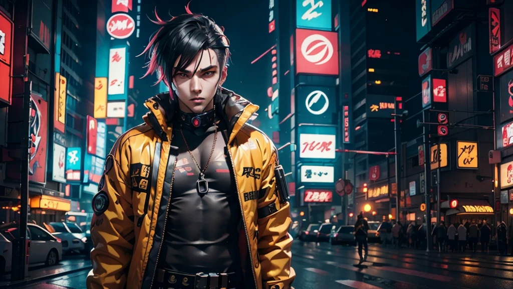 Create an anime-style cyberpunk image of a guy wearing yellow cyberpunk attire with red and gray accents. , his hair is black . he is standing on a deserted street with neon signs featuring Japanese characters. The image should be detailed with maximum focus, in 8K UHD resolution, Overwatch-style, game-style, with a detailed and flawless face, perfect lighting, and maximum attention to detail.