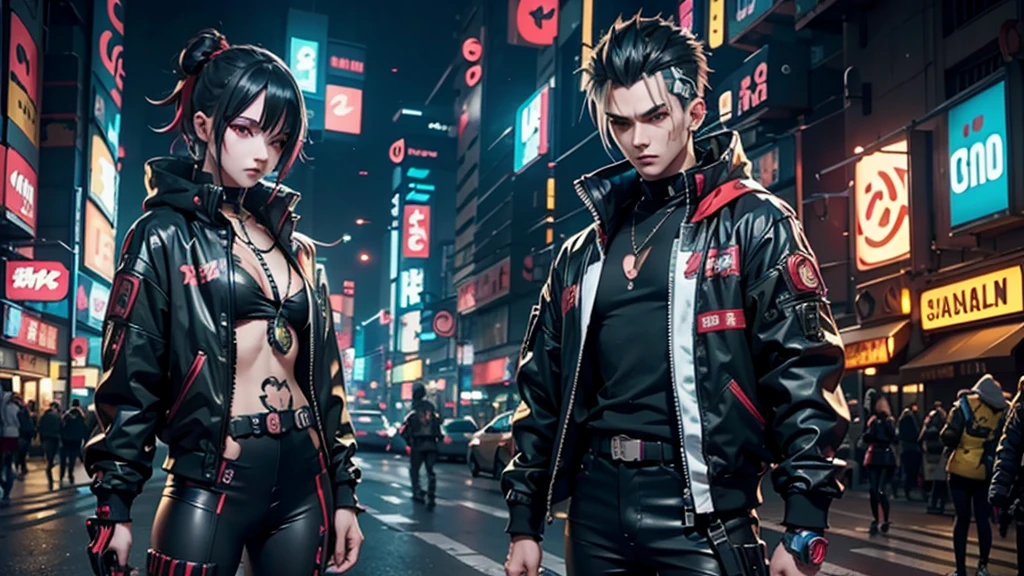 Create an anime-style cyberpunk image of a guy wearing yellow cyberpunk attire with red and gray accents. , his hair is black . he is standing on a deserted street with neon signs featuring Japanese characters. The image should be detailed with maximum focus, in 8K UHD resolution, Overwatch-style, game-style, with a detailed and flawless face, perfect lighting, and maximum attention to detail.