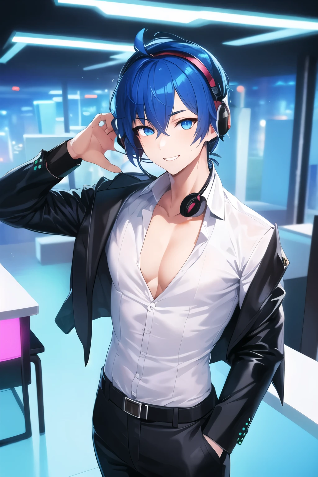 25 years old grown-up, male gender, android, futuristic style, cute face, blue eyes, calm, welcoming smile, tie on the neck, a bit muscular body, office shirt, open cleavage, latex pants, standing, seductive pose, night club hub with neon lights, looking in the camera, little pointy headphone in the ear