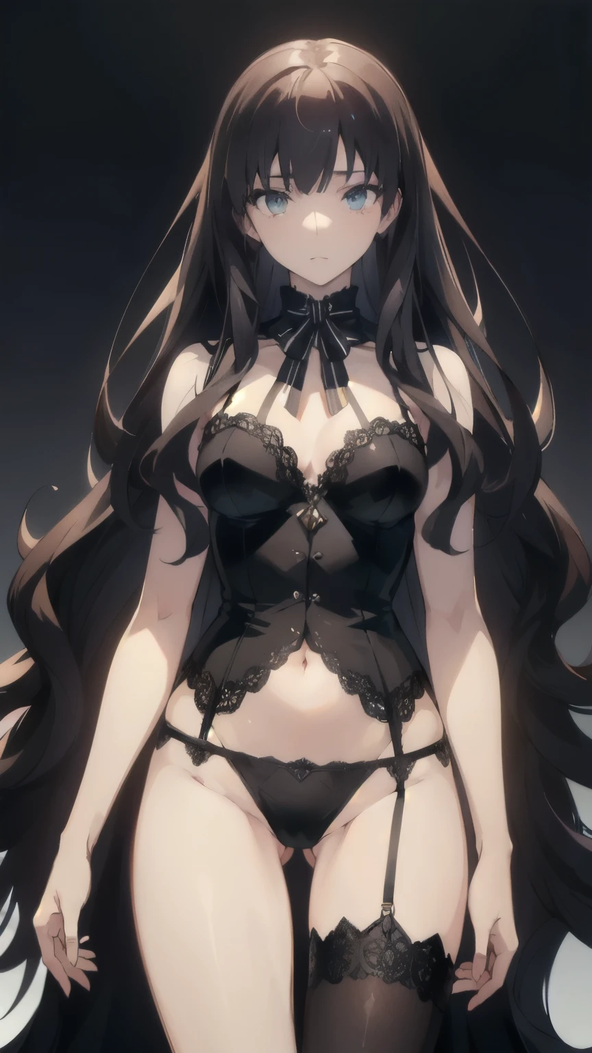 ((masterpiece, best quality)), Detailed face，Magician，whole body，Standing picture，Perfect body proportions，((Long wavy hair)), ((Half of her hair is white，The other half is black，Divided into two colors))，beautiful eyes，Fantasy style，extremely beautiful，transparent，Sexy Lingerie，Bikini，chain，Lace，Garter stockings