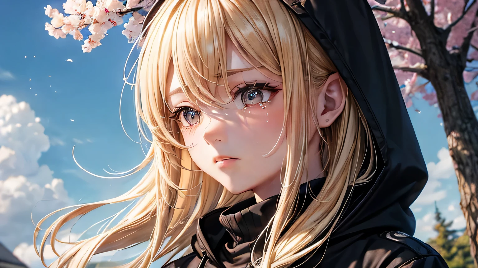 (oil, masterpiece, highest quality, Super detailed, Focus on the characters), woman,Black hoodie,Sad expression,Crying face,Watery eye,Blonde Long Hair,Spring Tree Leakage Sun,Detailed hair depiction,Detailed depiction down to the tips of the hair,([return:0.8]|[ face facing returnwards:1.1]), ,([Cherry Tree Scenario:1.2]|[ ground:1.3]| [High Contrast:1.1])  