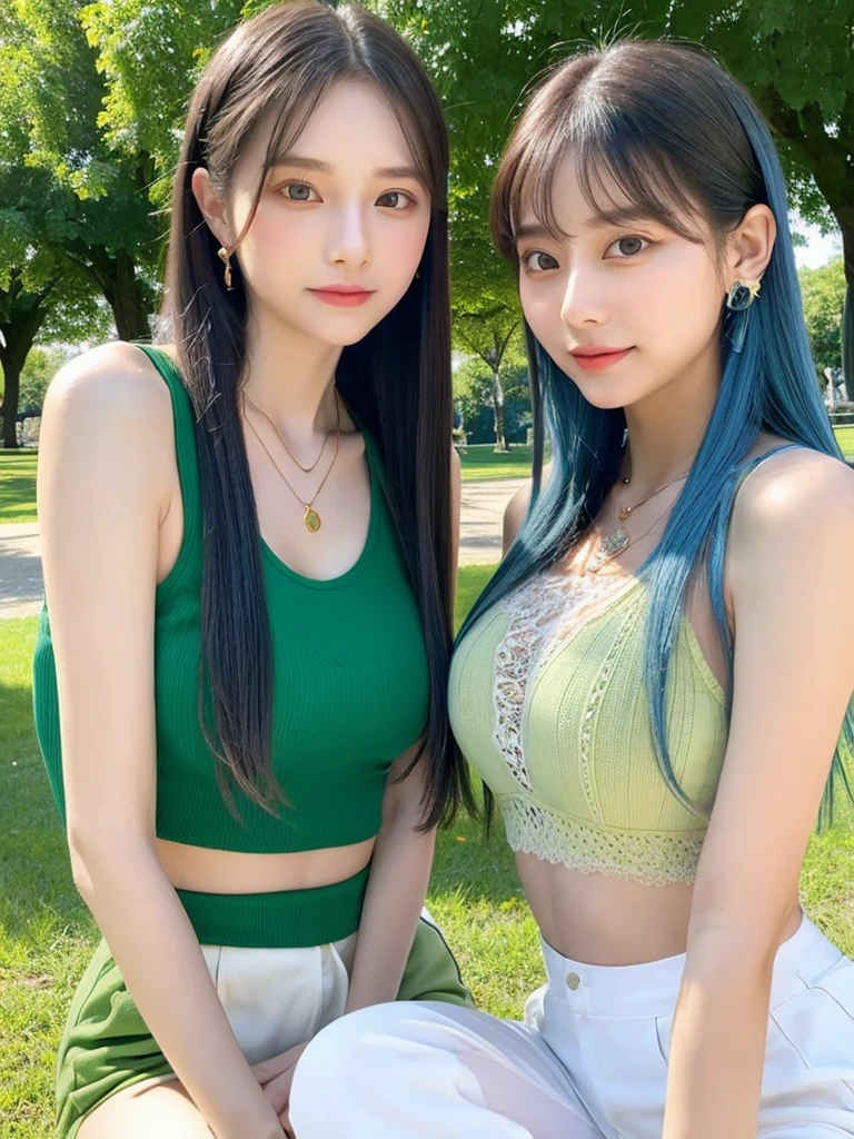Realistic full figure of Korean twin women are sitting in the park, White glass skin, Straight long hair, Blue hair color , ruby lace camisole vest, beautiful clear green eyes,Yellow pupils, beautiful necklace and earringedium chest tight and Medium , Delicate slender face,Heartwarming smile, Lovely lips, thin makeup, Wearing tank top, pants, close-up portrait, UHD