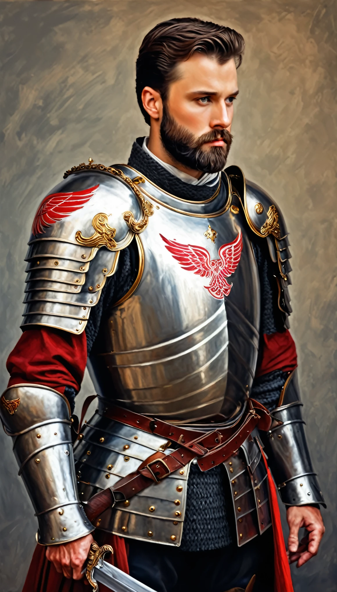 a painting of a man with a sword in his hand, a fine art painting, sots art, red wings, anton, beautiful image ever created, fully clothed in armor, professional digital edit, he dreams of all the battles won, with a small beard, beautiful young prince, victor, impossibly beautiful portrait