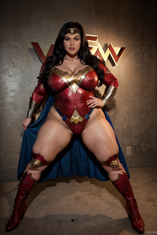 foto de uma superheroina, standing, (pink skin tone), staring overhead, eye contact, (mouth wide open: 1,0), chubby body, Waist slender, Female One, huge and round breasts, wearing blue and red strapless leotard, (dark haired:1.2 ), venat, beautiful face, fleshy lips, Slender Face, protruding cheekbones, brawny, No Mohrbacher artistic style, in style of peter mohrbacher. (Thick thighs:1.2), (full body:1.5), (body shot:1.5)