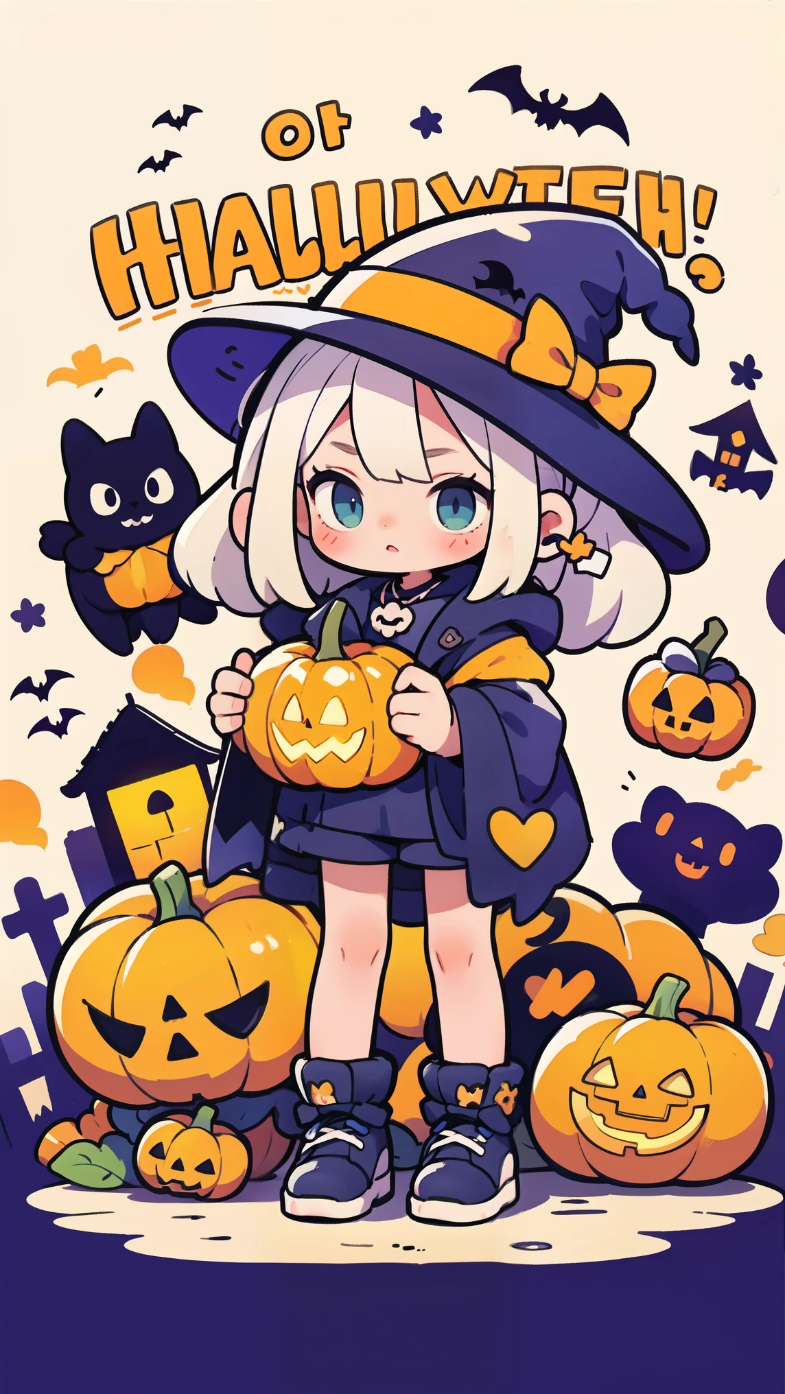 1girl,sign,English text, Halloween, candy, pumpkin lantern