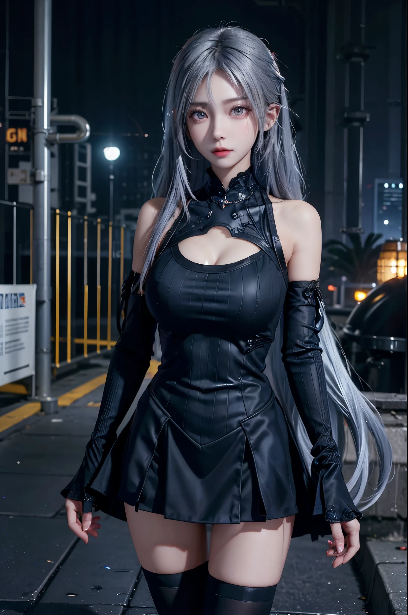 girl, full body, beautiful face, silver color hair, high detailed real eye, high quality pupil, double eyelid, beautiful tits, cyber punk suit, high detailed real skin, high quality skin, Abandoned Factories, night moon, professional lighting, real shadow, masterpiece,