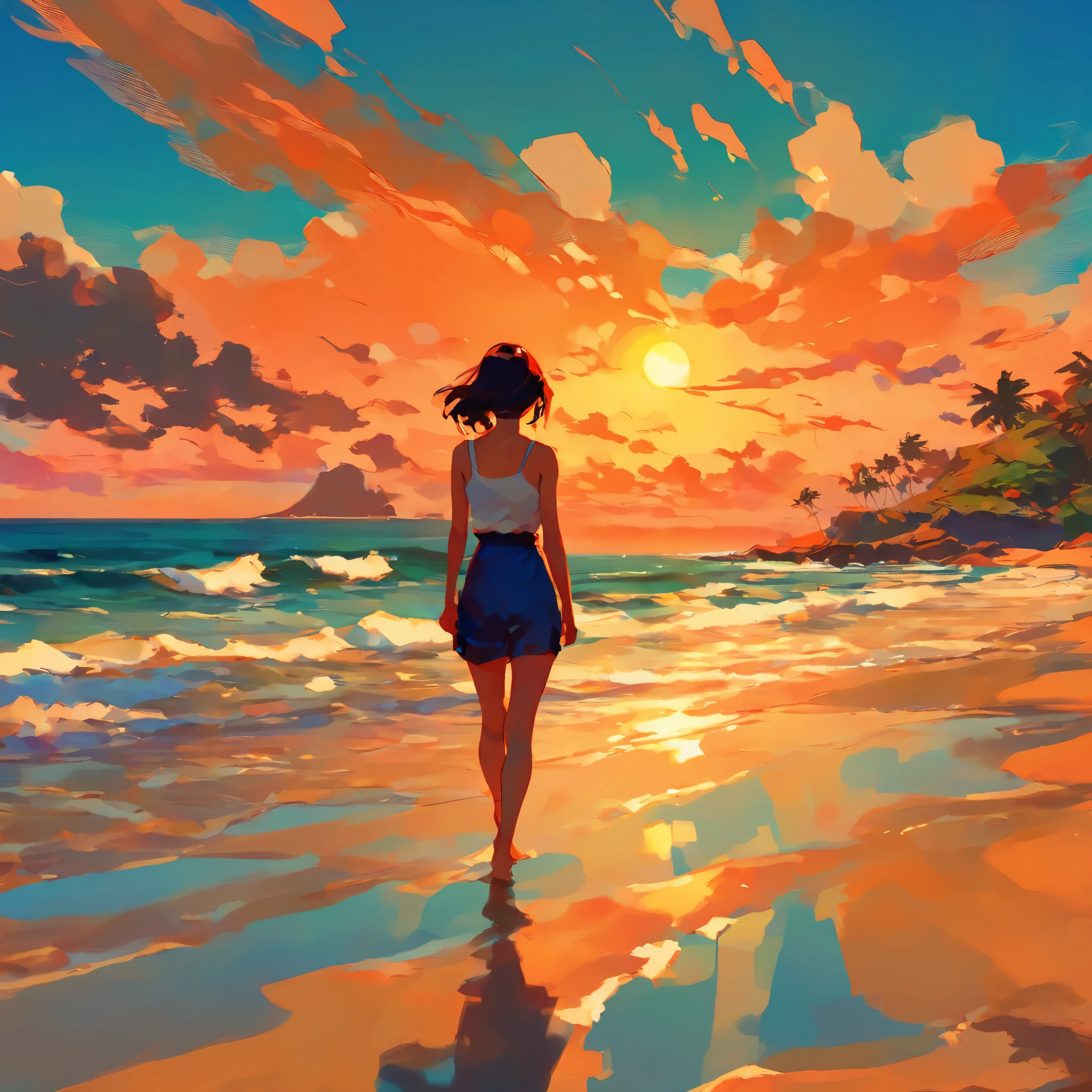 painting of a woman walking on the beach at sunset, anime art wallpaper 8 k, anime art wallpaper 4 k, anime art wallpaper 4k, rhads and lois van baarle, anime girl walking on water, concept art | rhads, ilya kuvshinov landscape, ross tran. scenic background, by Atey Ghailan, made with anime painter studio