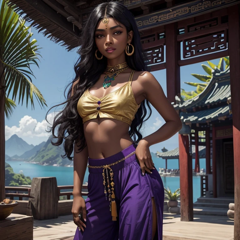 A Black gypsy girl with dark brown skin, one green Asian monolid eye and one blue Asian monolid eyes, a kind round face, full lips, long curly black hair, a small button nose, wearing a dark purple crop top, purple harem pants, gold jewellery in a tropical Chinese village with tall mountains and an ocean