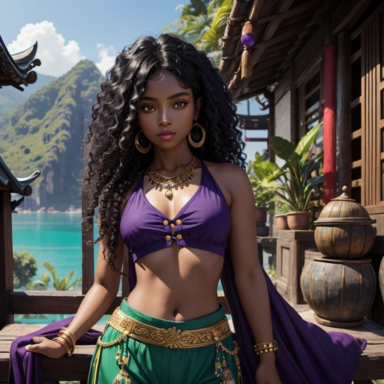 A Black gypsy girl with dark brown skin, one green Asian monolid eye and one blue Asian monolid eyes, a kind round face, full lips, long curly black hair, a small button nose, wearing a dark purple crop top, purple harem pants, gold jewellery in a tropical Chinese village with tall mountains and an ocean