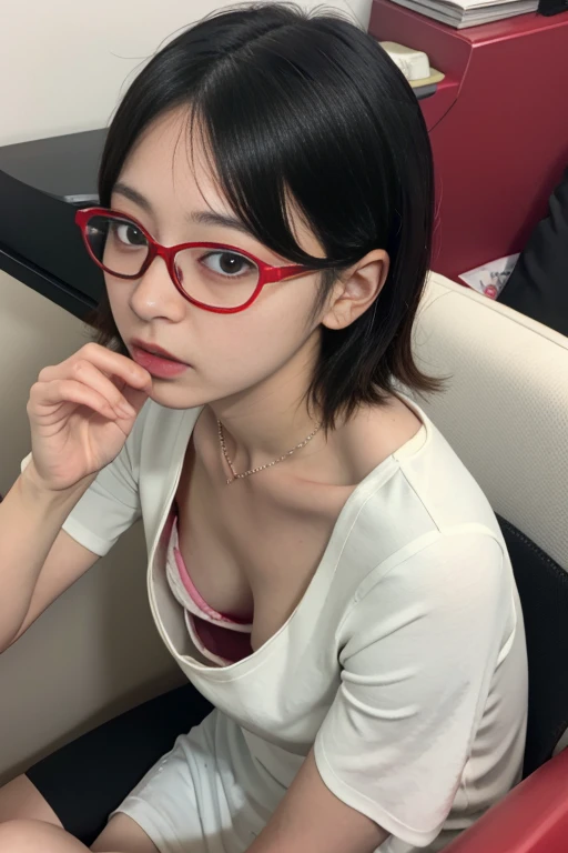 、Down blouse , munechira,(((Small breasts))),Flat Chest ,avert your eyes, Bend your body , From above , close, necklace , Detailed Bra Overlap T-Shirt, short hair,8k, highest quality, masterpiece, Ultra-high resolution, (realism: 1.4), Original photo, (Real skin texture: 1.3)、Red frame glasses、Young face、Young body