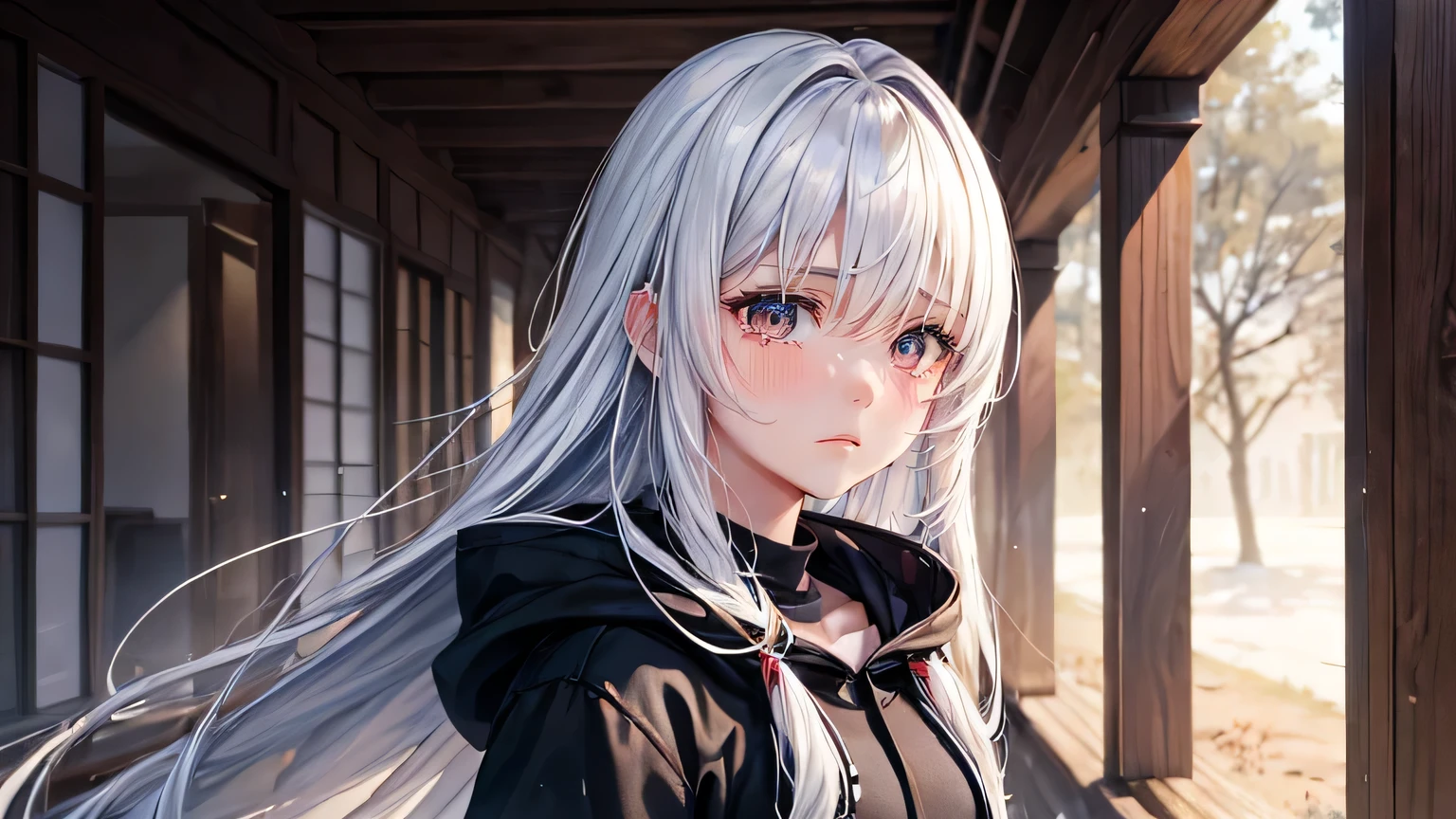 (oil, masterpiece, highest quality, Super detailed, Focus on the characters), woman,Black hoodie,Sad expression,Crying face,Watery eye,Long white hair,Spring Tree Leakage Sun,Detailed hair depiction,Detailed depiction down to the tips of the hair,([return:0.8]|[ face facing returnwards:1.1]), ,([Cherry Tree Scenario:1.2]|[ ground:1.3]| [High Contrast:1.1])  