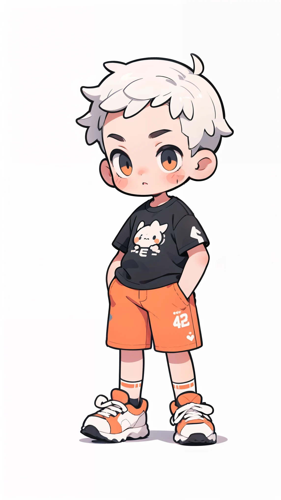 A boy with short white hair, black T-shirt, orange shorts, white sneakers, hands in pockets, white background, graffiti on the background,simple details, masterpiece,high quality,