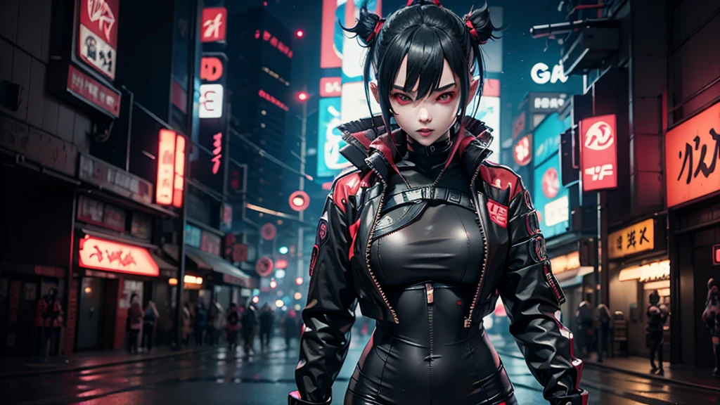 Create an anime-style cyberpunk image of a girl wearing black cyber ninja attire with red and gray accents. She's wearing a black cyber mask, her hair is black with blue parts. She's standing on a deserted street with neon signs featuring Japanese characters. The image should be detailed with maximum focus, in 8K UHD resolution, Overwatch-style, game-style, with a detailed and flawless face, perfect lighting, and maximum attention to detail.