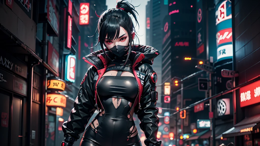 Create an anime-style cyberpunk image of a girl wearing black cyber ninja attire with red and gray accents. She's wearing a black cyber mask, her hair is black with blue parts. She's standing on a deserted street with neon signs featuring Japanese characters. The image should be detailed with maximum focus, in 8K UHD resolution, Overwatch-style, game-style, with a detailed and flawless face, perfect lighting, and maximum attention to detail.