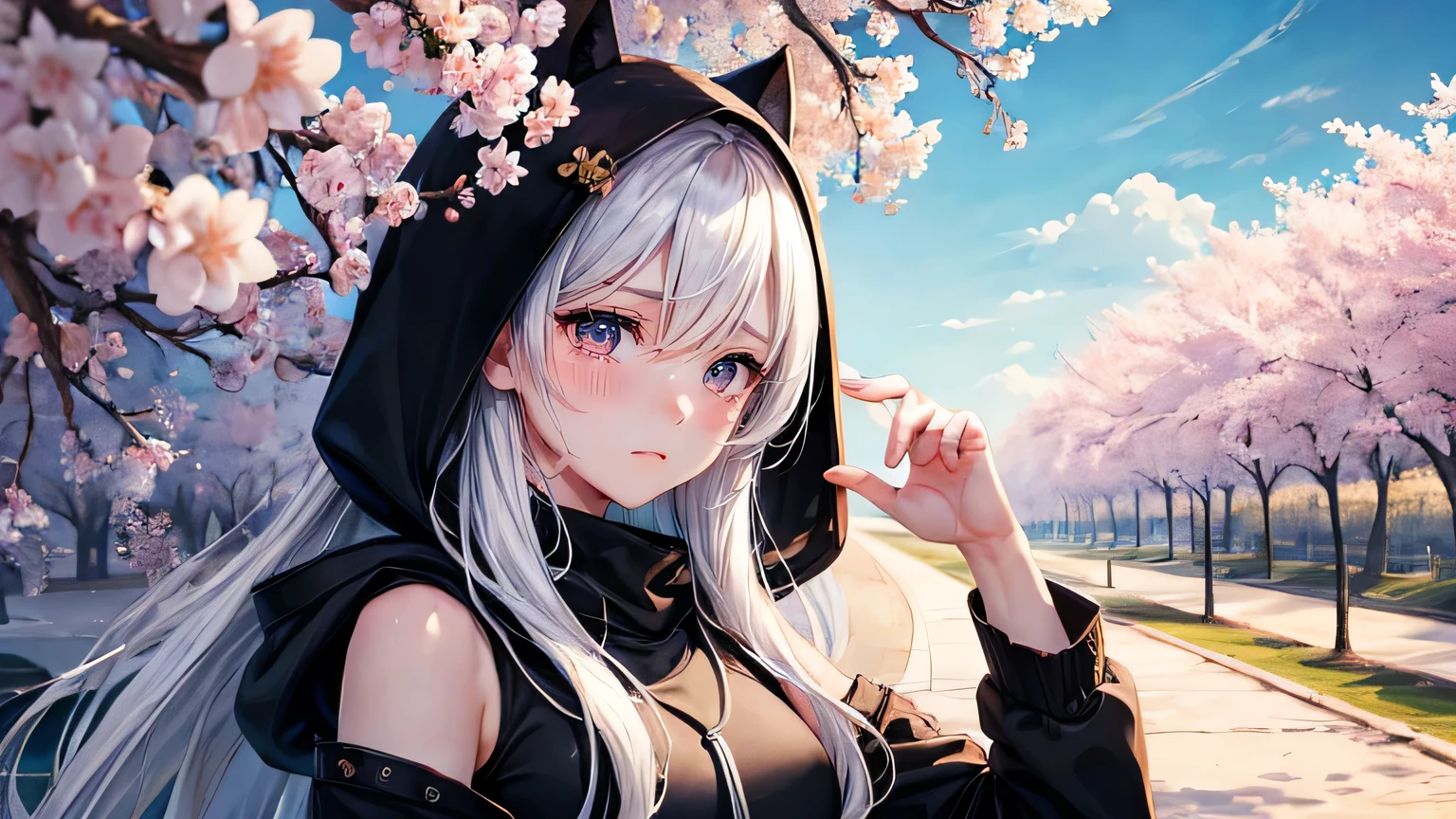 (oil, masterpiece, highest quality, Super detailed, Focus on the characters), woman,Black hoodie,Sad expression,Crying face,Watery eye,Long white hair,Spring Tree Leakage Sun,Detailed hair depiction,Detailed depiction down to the tips of the hair,([return:0.8]|[ face facing returnwards:1.1]), ,([Cherry Blossom Tree Lined Scenario:1.2]|[ ground:1.3]| [High Contrast:1.1])  