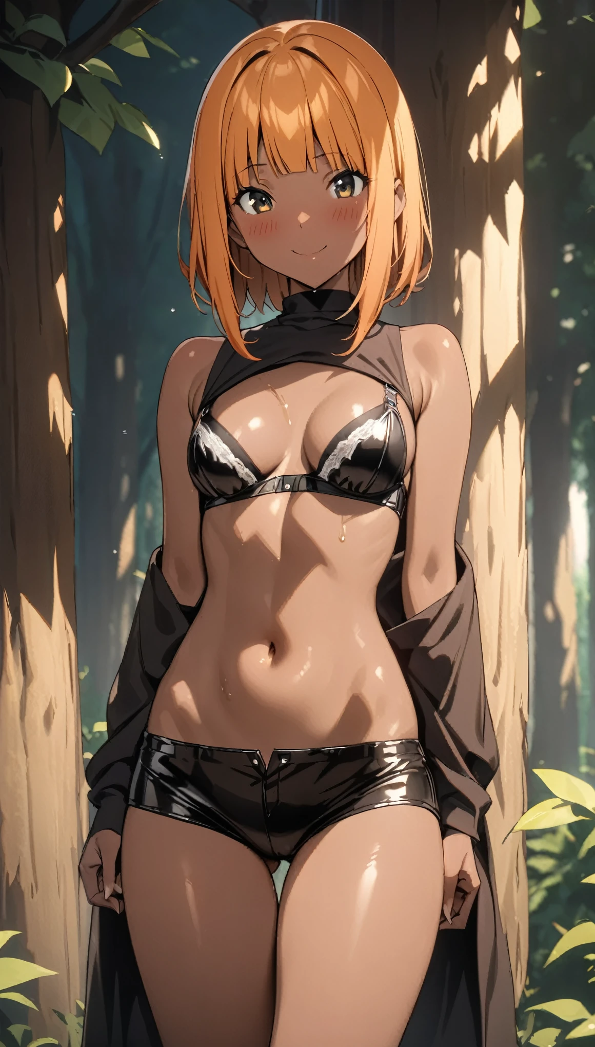 ((masterpiece, highest quality:1.2)),cowboy shot,1woman,20 year old beauty、solo,bob hair,orange hair,very small head,blush,slender body,(tan skin),skinny,medium breasts,oily skin,shiny skin,smile,Thief Costume,bra、navel、leather micro shorts,Fantasy World、forest、Large tree、Sunlight filtering through the trees、