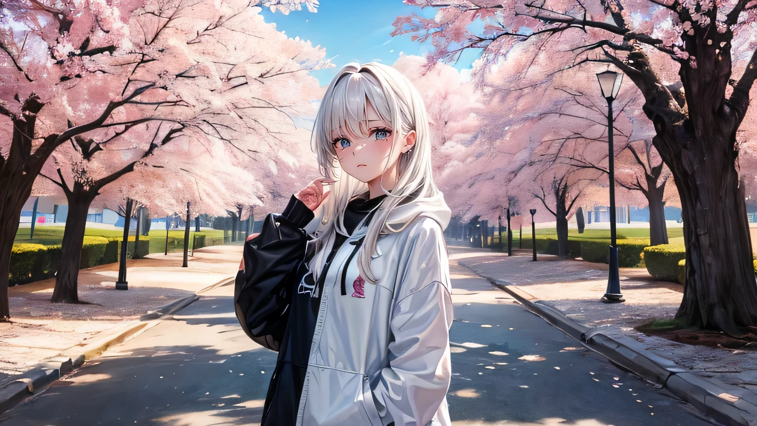 (oil, masterpiece, highest quality, Super detailed, Focus on the characters), woman,Black hoodie,Sad expression,Crying face,Watery eye,Long white hair,Spring Tree Leakage Sun,Detailed hair depiction,Detailed depiction down to the tips of the hair,([return:0.8]|[ face facing returnwards:1.1]), ,([Cherry Blossom Tree Lined Scenario:1.2]|[ ground:1.3]| [High Contrast:1.1])  