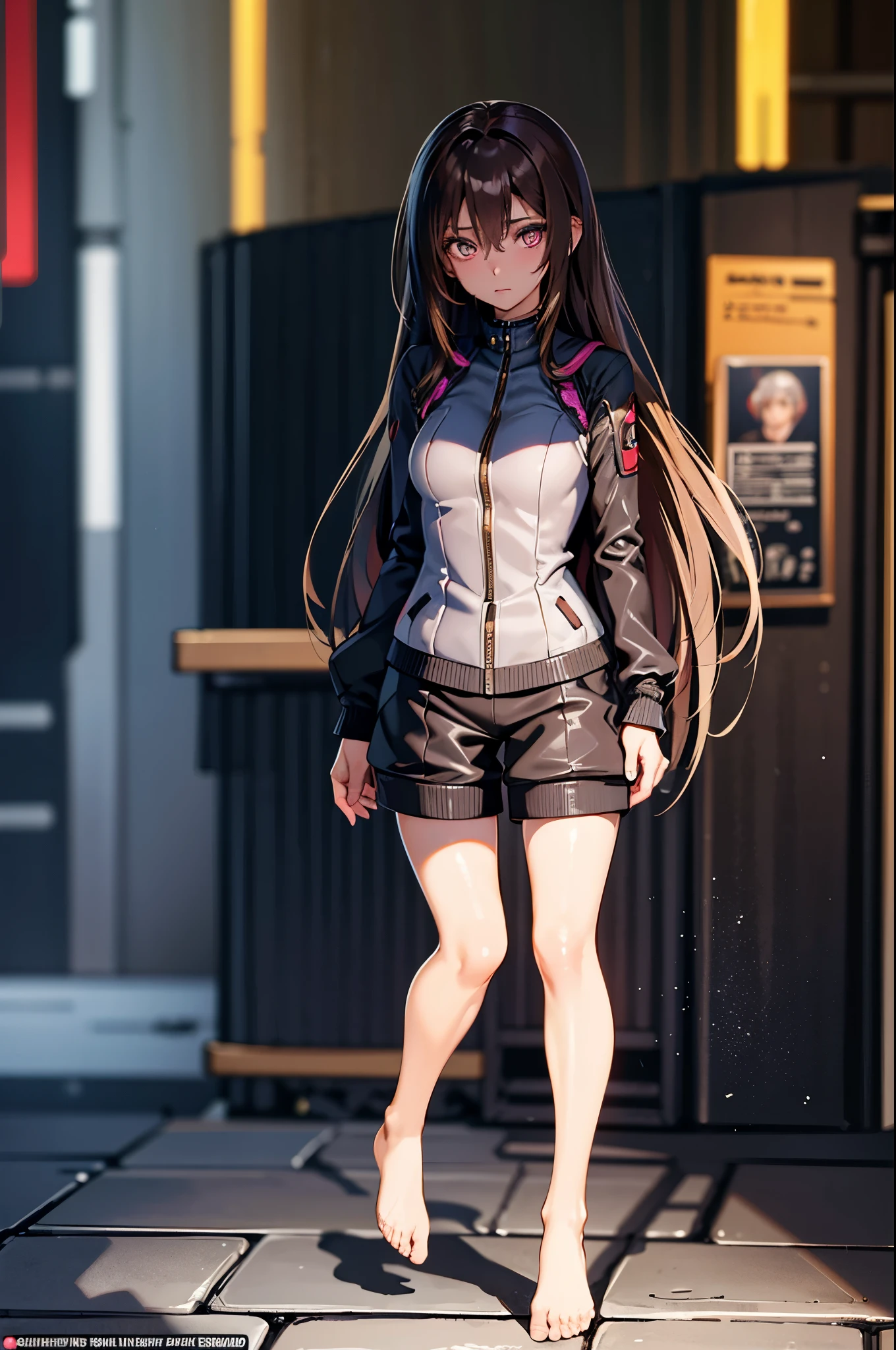 girl, full body, standing, 20 years old, smart body, brown hair, medium hair, wave hair, cyber punk suit, high detailed real eye, high quality eye, double eyelid, high detailed real skin, high quality skin, sweaty skin, professional lighting, real shadow, masterpiece,