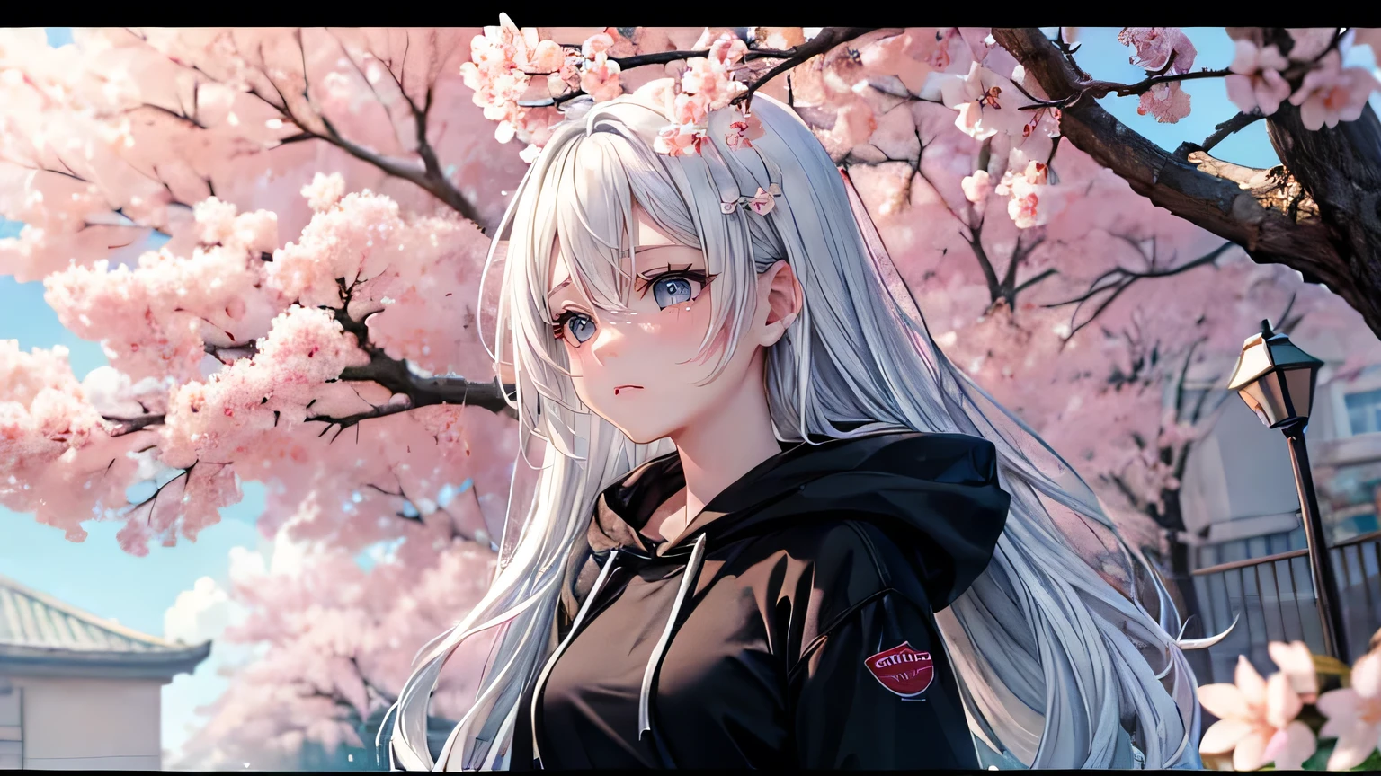 (oil, masterpiece, highest quality, Super detailed, Focus on the characters), woman,Black hoodie,Sad expression,Crying face,Watery eye,Long white hair,Spring Tree Leakage Sun,Detailed hair depiction,Detailed depiction down to the tips of the hair,([return:0.8]|[ face facing returnwards:1.1]), ,([Cherry Blossom Tree Lined Scenario:1.2]|[ ground:1.3]| [High Contrast:1.1])  