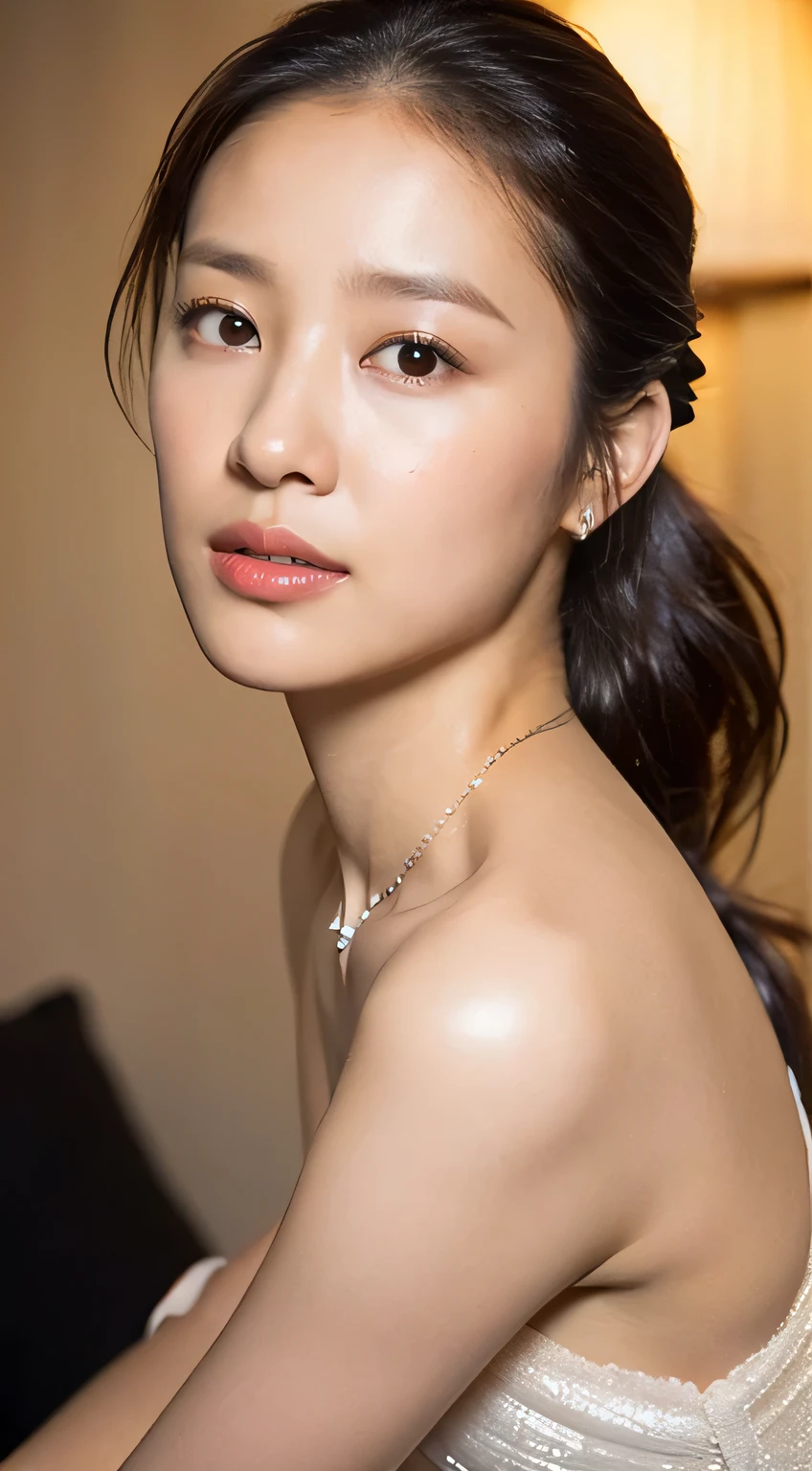 (highest quality, 4K, masterpiece :1.3), Sharp focus, Shallow depth of field, Bright colors, Professional level,
(Wet, Wet body :1.2),
((Your breasts are beautiful, Are you without a bra??:1.2)),
((You can come closer and kiss me?,You can touch my breasts?:1.2)),
((You're a good kisser, I want to kiss you more, Hold I tight:1.2)),
((Sexy atmosphere, hold out your lips, Disheveled Hair, A sigh escapes)),
((Luxury Love Hotel, Get in bed together and make love, Complete darkness, lamp, Underwear strings come undone, Start taking off your clothes:1.4)),
20-year-old, Beautiful Faces of Japan,
Flexible body :1.3, Model Body Type:1.5, Perfect Style:1.4,
Narrow shoulders, Beautiful clavicle, Long, slender legs, The beauty of slim abs :1.2, Narrow waist :1.2,
Highly detailed skin, Fair skin, Shiny skin,
Highly detailed face, Slim face contour, Beautiful small face, Beautiful nose,
Highly detailed eyes, Long, narrow eyes, Brown eyes, double eyelid, Beautiful thin eyebrows, fine long eyelashes,
Highly detailed lips, Fuller lips, Glossy pink lips, Blushed, Beautiful Teeth,
Beautiful actress'Fatigue Make-up, Pink lipstick, (necklace, Earrings),
Dark brown hair, Delicate and soft hair,
(Put your hair up, Medium Long Hair, ponytail:1.2), Layered Cut, (Blunt bangs:1.2),
(Dress in trendy fashion:1.2),
A kind smile, Mouth half open, A dreamy look, Looking into the camera,
(stylish looking Earrings,necklace,bracelet,gyuru,shiny nail art:1.2),
(((Photorealism,Shooting the whole body from the thighs))), ((Body leans forward)),
Dynamic Lighting,
((She's coming out of her knitted sweater:1.4)),
Beautiful areola on the breast:1.2,
I'Put your hand in your crotch:1.2,
(Perfect breast shape, Flat Chest:1.2),
(She has a cute plump ass, I's thighs are dazzling),
